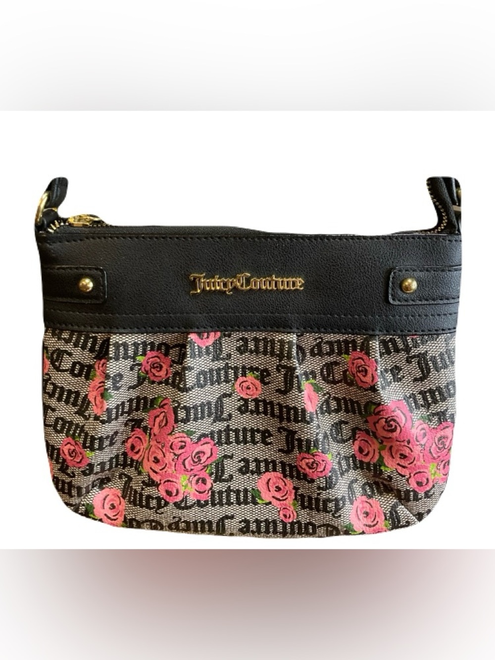 Juicy Couture Pink Bloom Floral Tweed Tote/Crossbody Bag | Black Faux Leather